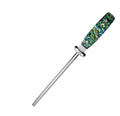 Household manual knife sharpener with high carbon steel blade and abalone shell handle.