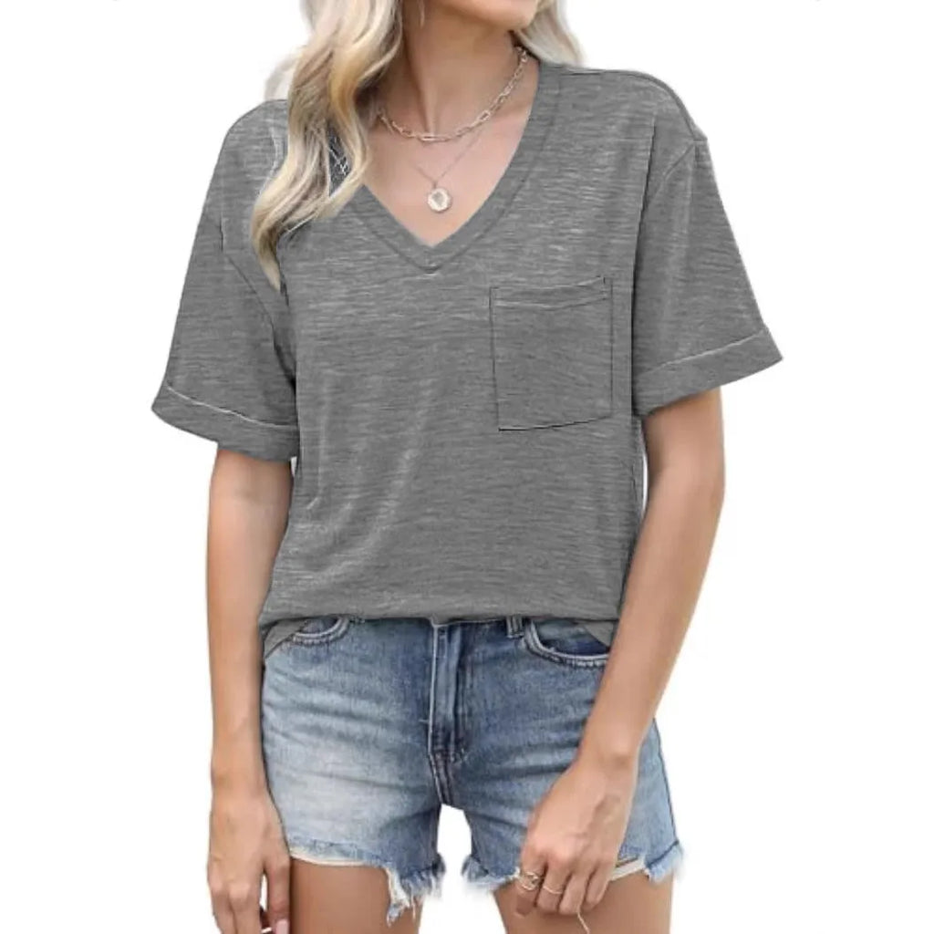 Grey loose fit V-neck short sleeve t-shirt with a chest pocket on a hanger.