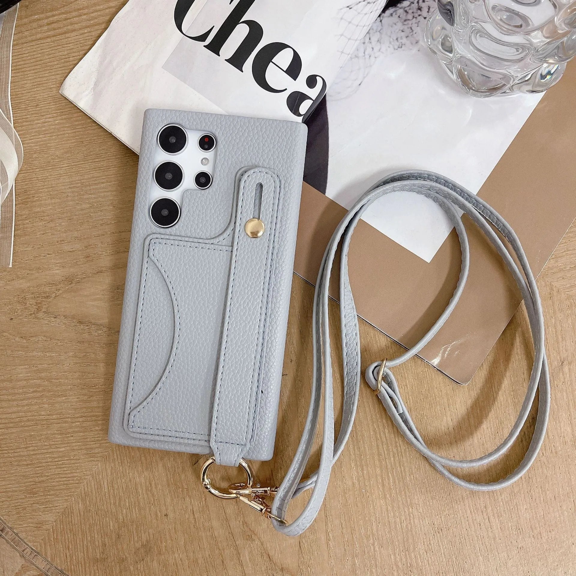 Card holder phone case with frosted finish and mirror detail in light khaki colour