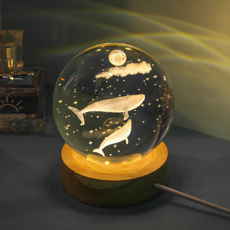 Transparent crystal ball night lamp with 3D carved jellyfish design, showing 6cm size on round base.