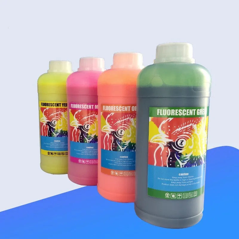 Fluorescent sublimation ink bottles for PET film printing in red, yellow, orange, green colours