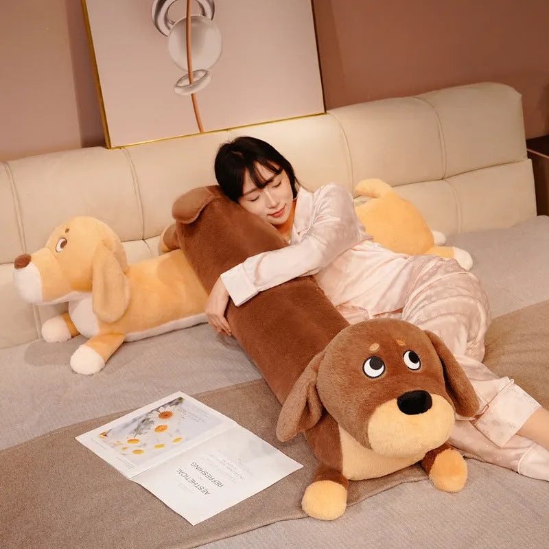Cute puppy plush long pillow in brown or yellow, 80cm 100cm or 130cm, short plush cover with PP cotton filling