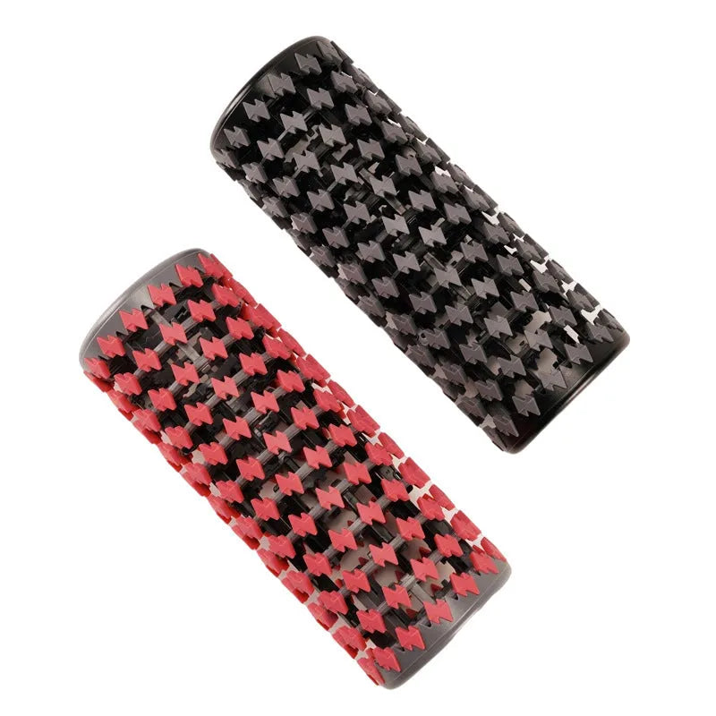 Adjustable telescopic foam roller in red colour showing extended and compacted positions
