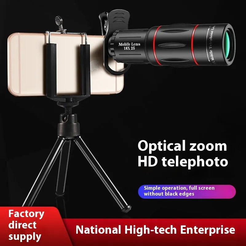 18x high-definition external telephoto lens for mobile phones with clip-on mount and handheld bracket