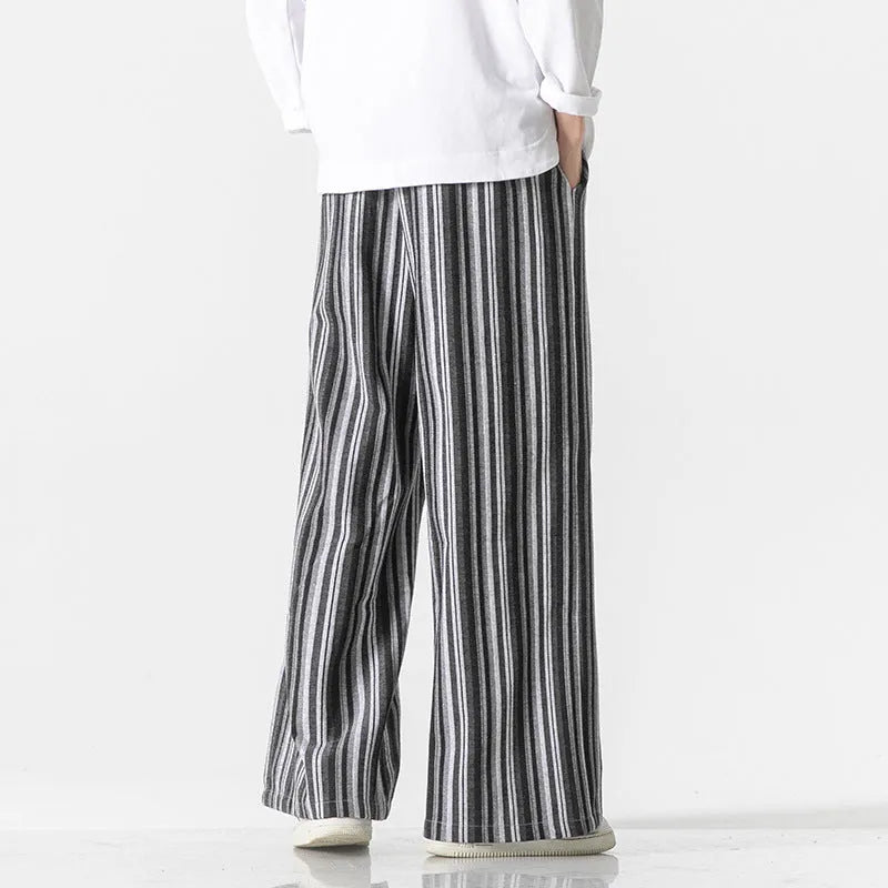 Vintage stripe loose straight leg trousers in cotton blend fabric on a mid-rise waist.