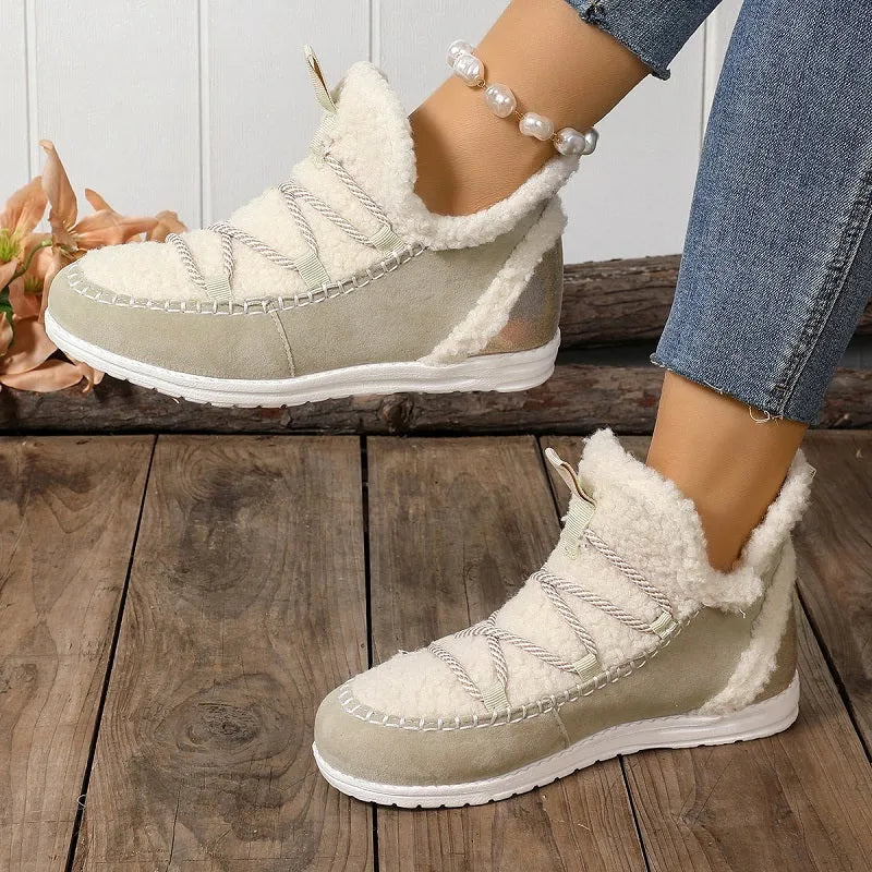 Women's mid-top snow boots in beige, black, and dark brown with cotton upper and PU sole