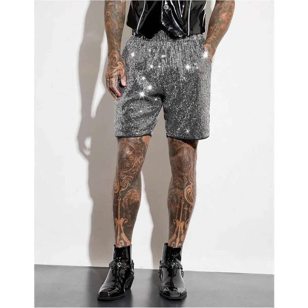 Men's silver sequin shorts with straight fit design and elastic waistband shown on hanger