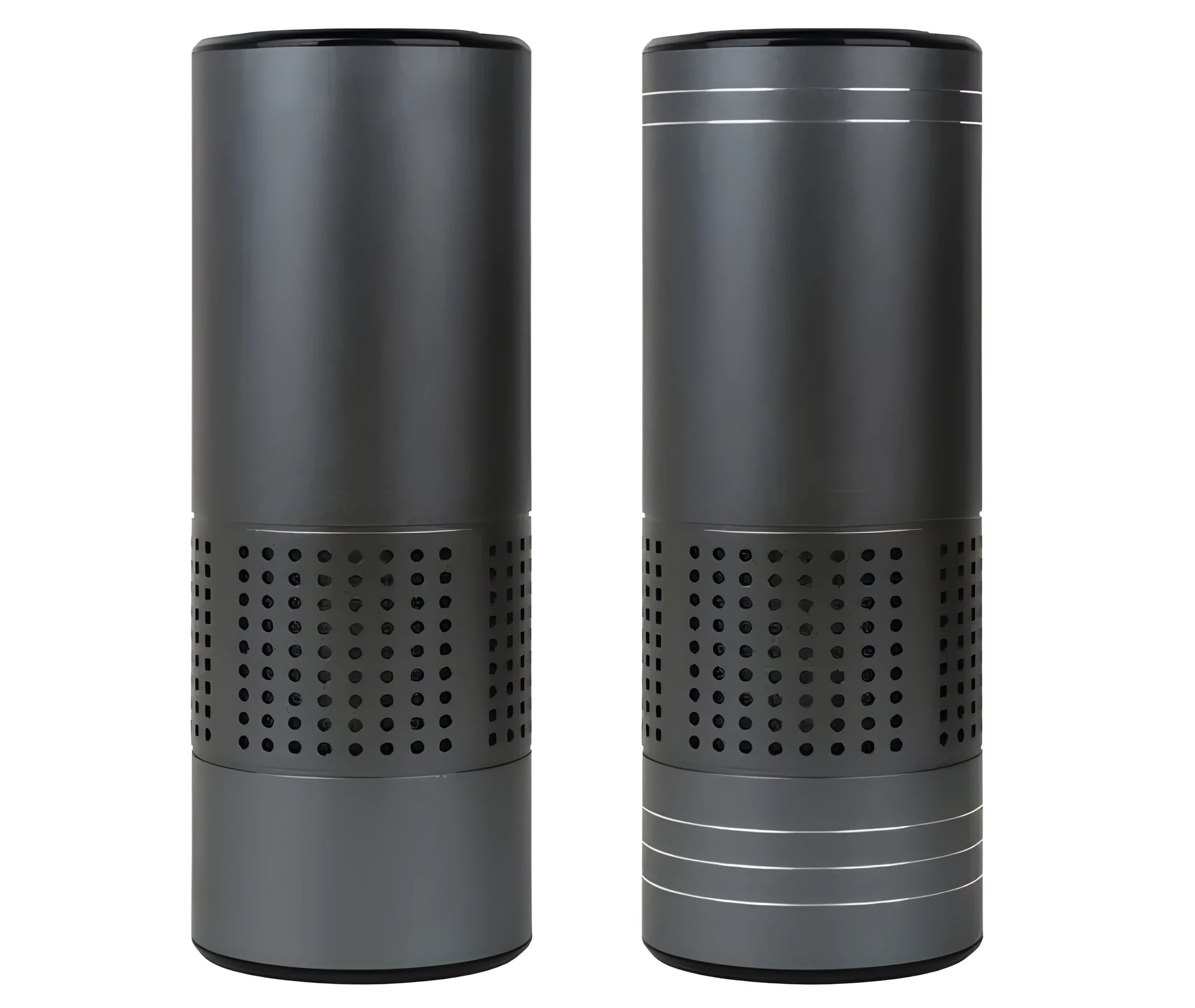 Aluminium alloy car cup holder air purifier with USB cable and negative ion generator display.