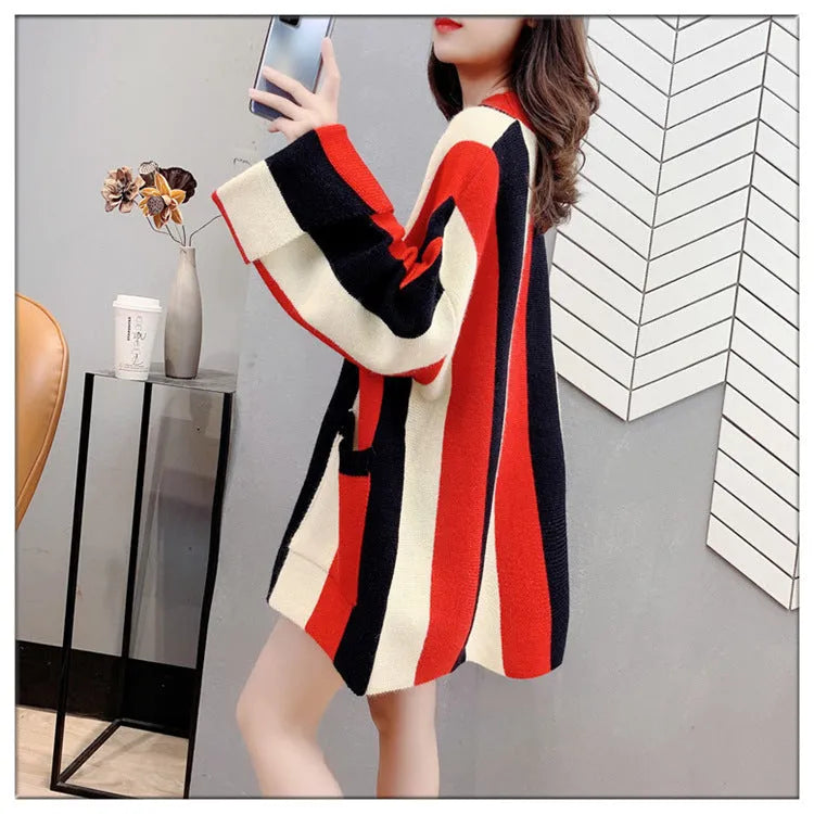 Women's loose fit striped colour stitching knitted cardigan sweater coat in green pink