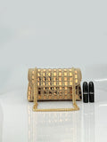 Retro style shiny glass rhinestone chain clutch bag with diamond embellishments in horizontal square shape