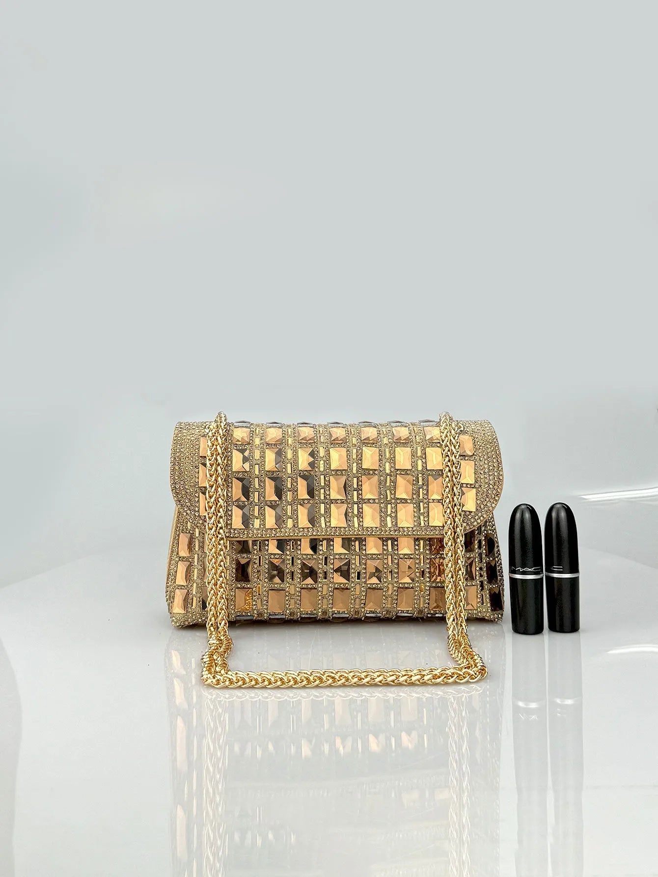 Retro style shiny glass rhinestone chain clutch bag with diamond embellishments in horizontal square shape