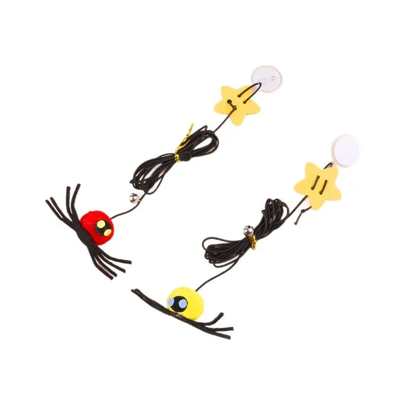 Hanging door cat toy with elastic rope and feather stick in red or yellow colour options
