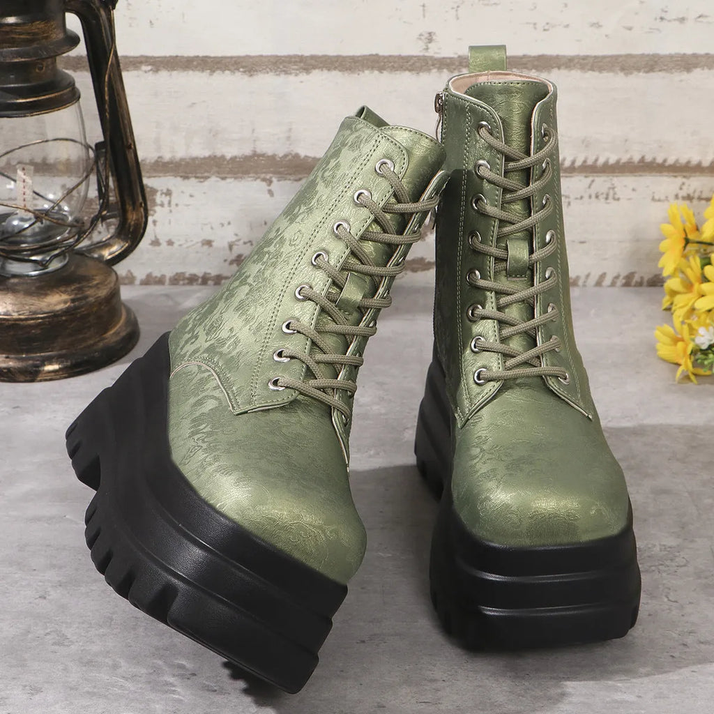 Women's black retro platform Martin boots with chunky heel and side zipper detail.
