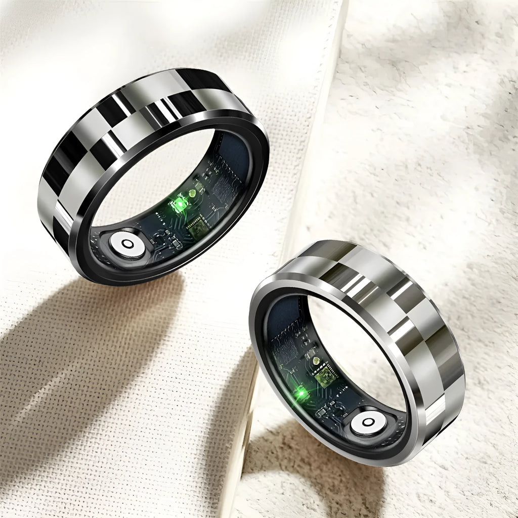 R9 Smart Ring with charging bin in black ribbon style showing health monitoring features