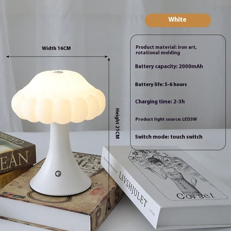 Creative mushroom-shaped night lamp in wood grain colour on a table