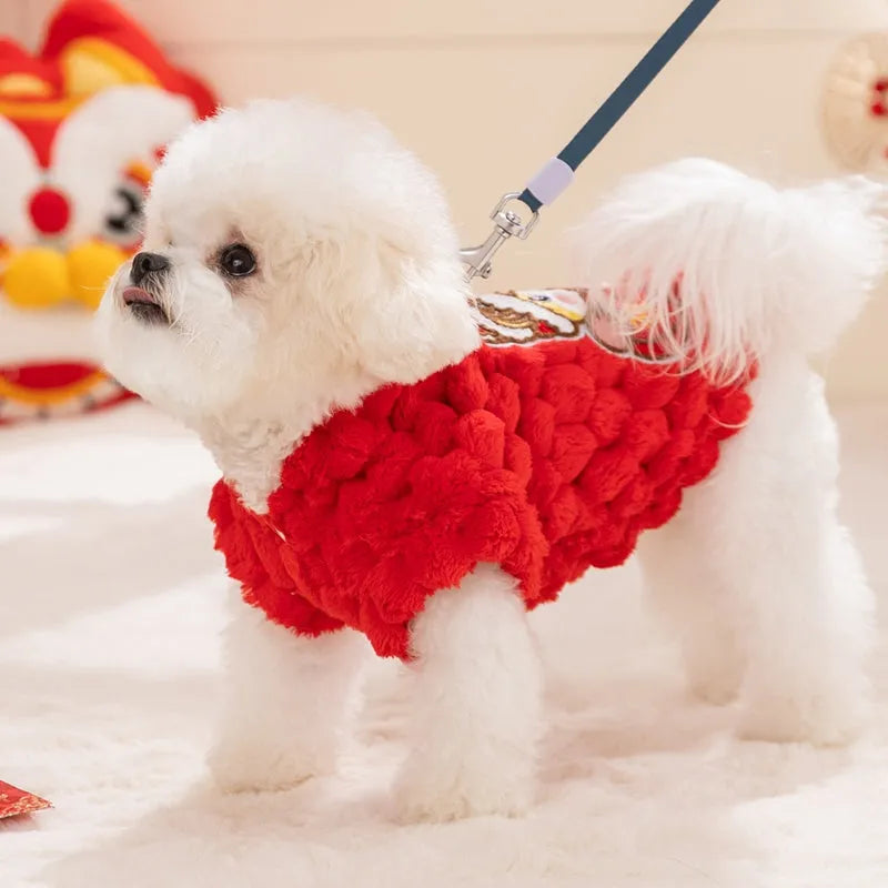 Red Lion Dance Pet Vest with lion dance embroidery and lanterns on small dog