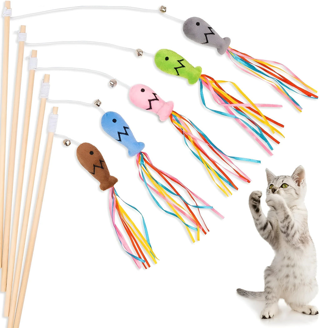 Blue handled cat teaser wand with colourful ribbons, a bell, and a catnip fish dangling from an elastic rope