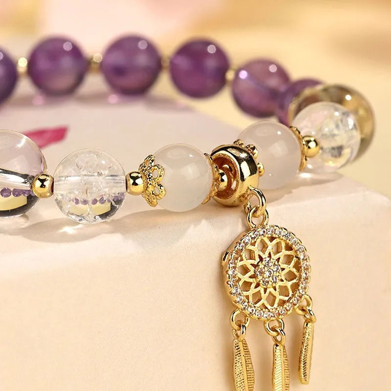 Chinese style white crystal tassel bracelet for women with electroplated finish and gemstone beads