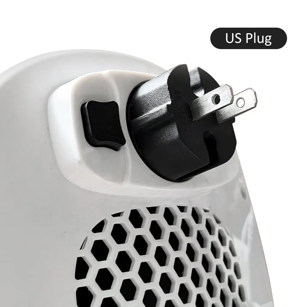 White ceramic heating electric hot air blower with remote control on a desk