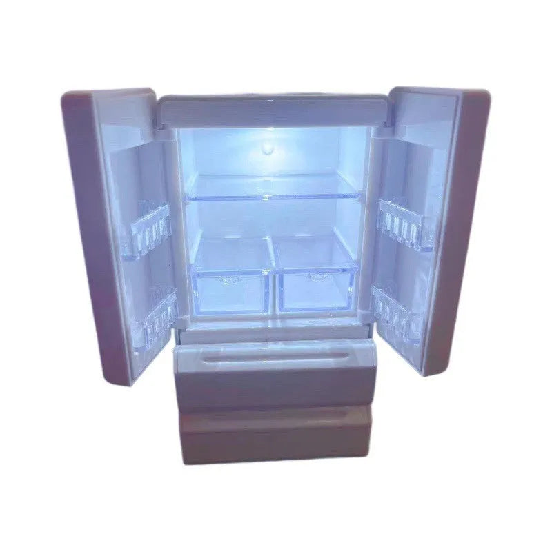 White plastic miniature candy shop model with LED light on, showing detailed front.
