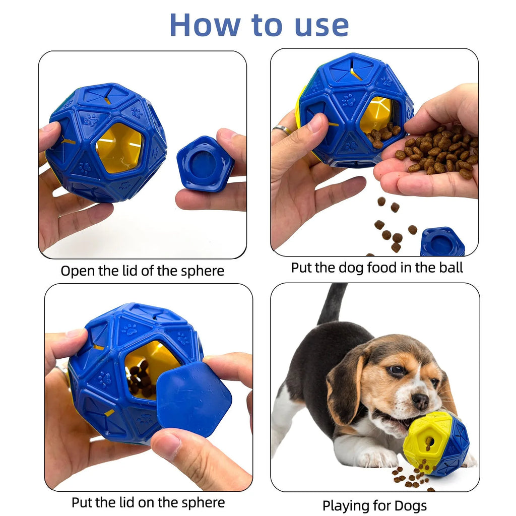 Blue bite-resistant rubber dog puzzle ball with hollow centre for treats, 9 cm diameter.