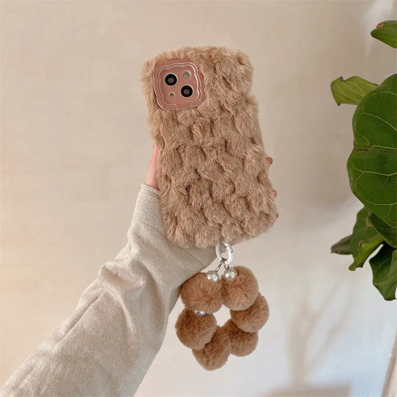 Plush flannel phone case with brown hollow bracket and chain lanyard for Huawei and iPhone