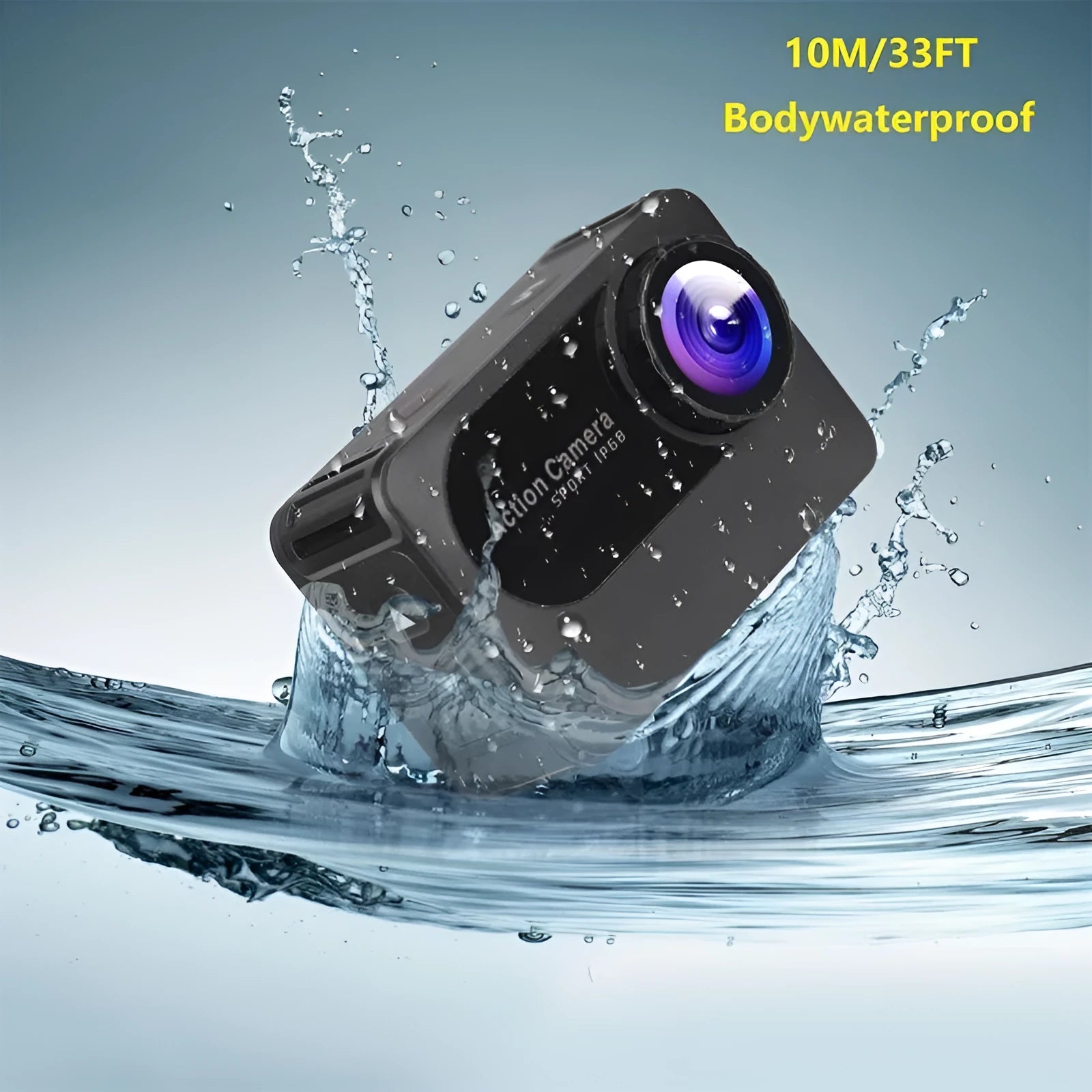 Black outdoor sports camera with touch screen, measuring 66x44x31mm with 170 degree wide angle lens