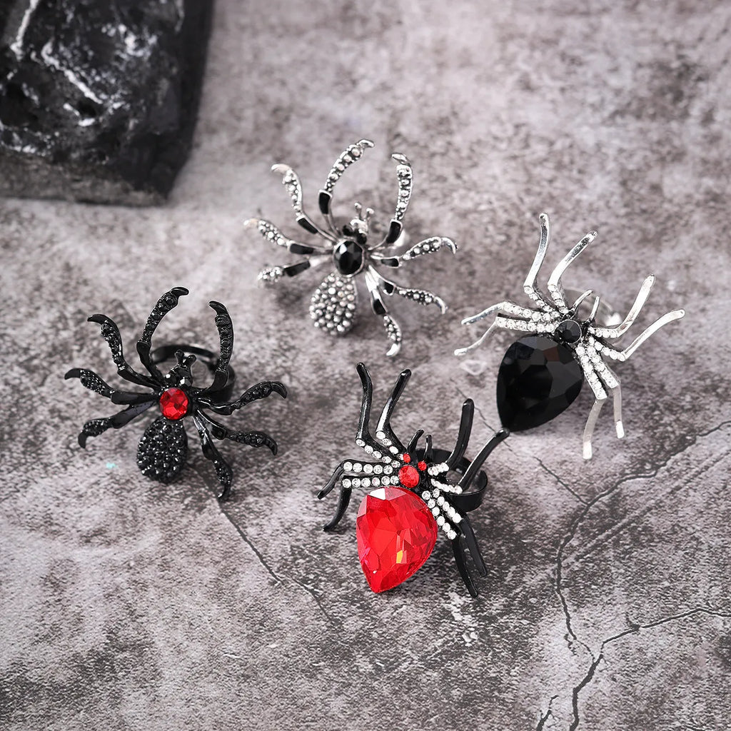 Halloween spider ring with rhinestone inset, alloy open ring for women, four colour options