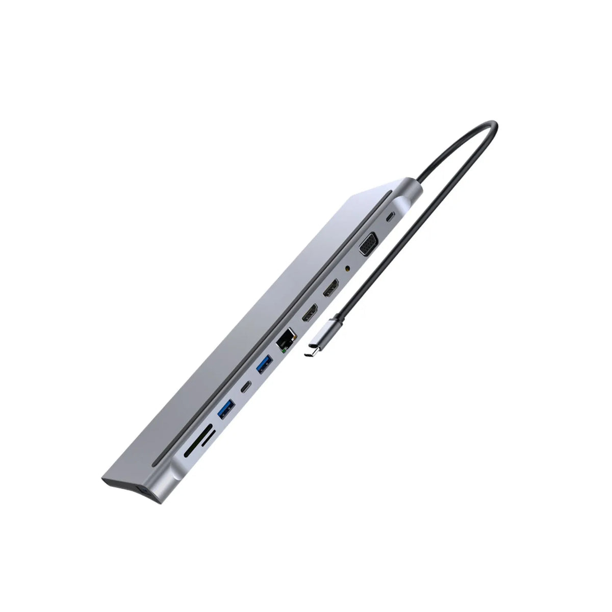 Grey 12-in-1 USB-C docking station with USB 3.1 interface and 15cm cable for multi-screen display setup