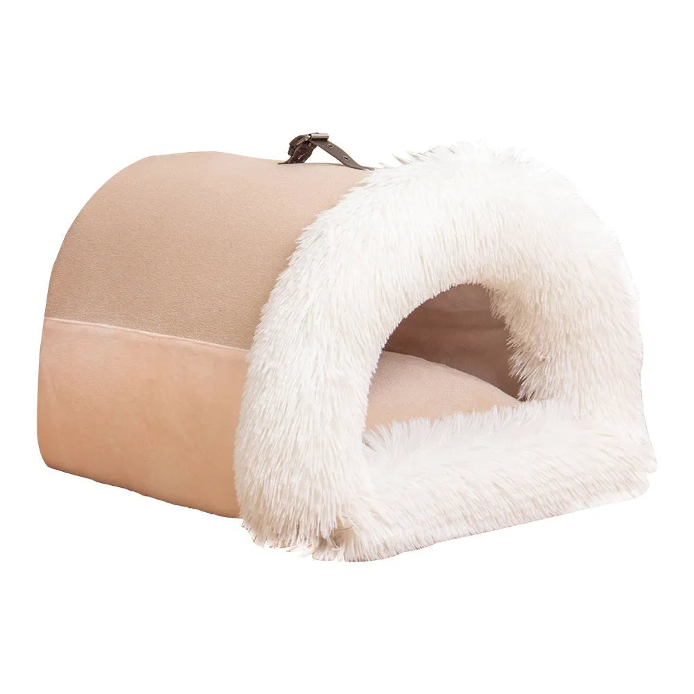 Splice Portable Pet Nest in brown with striped plush, moisture-proof base, suitable for small dogs and cats