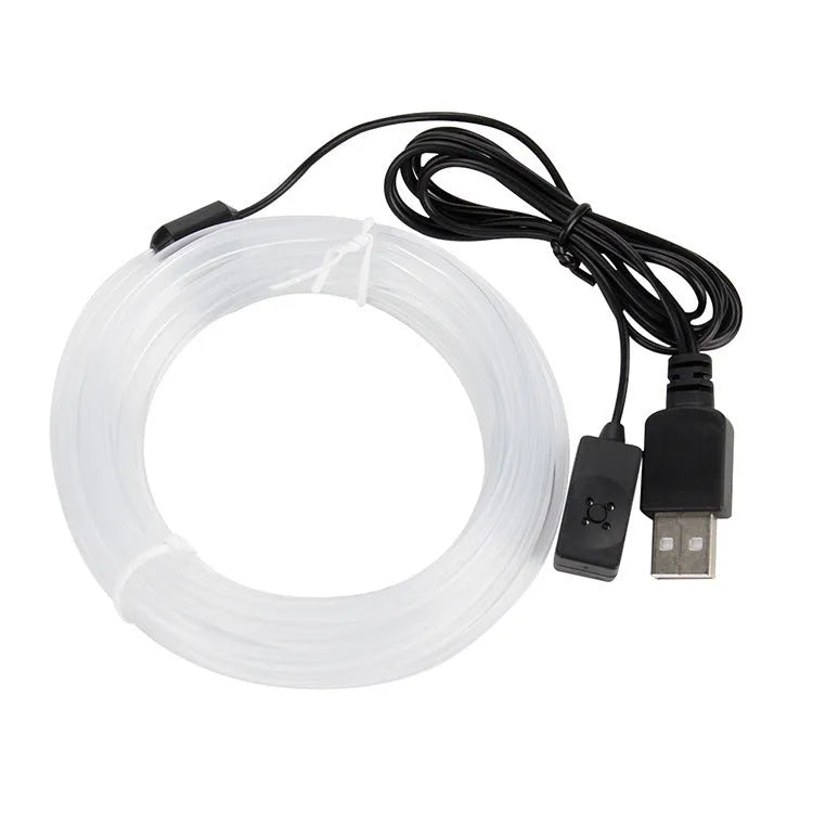 USB-powered multicolour LED car ambience light strip in flexible PVC, shown in lengths from 1 to 5 metres.