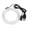 USB-powered multicolour LED car ambience light strip in flexible PVC, shown in lengths from 1 to 5 metres.