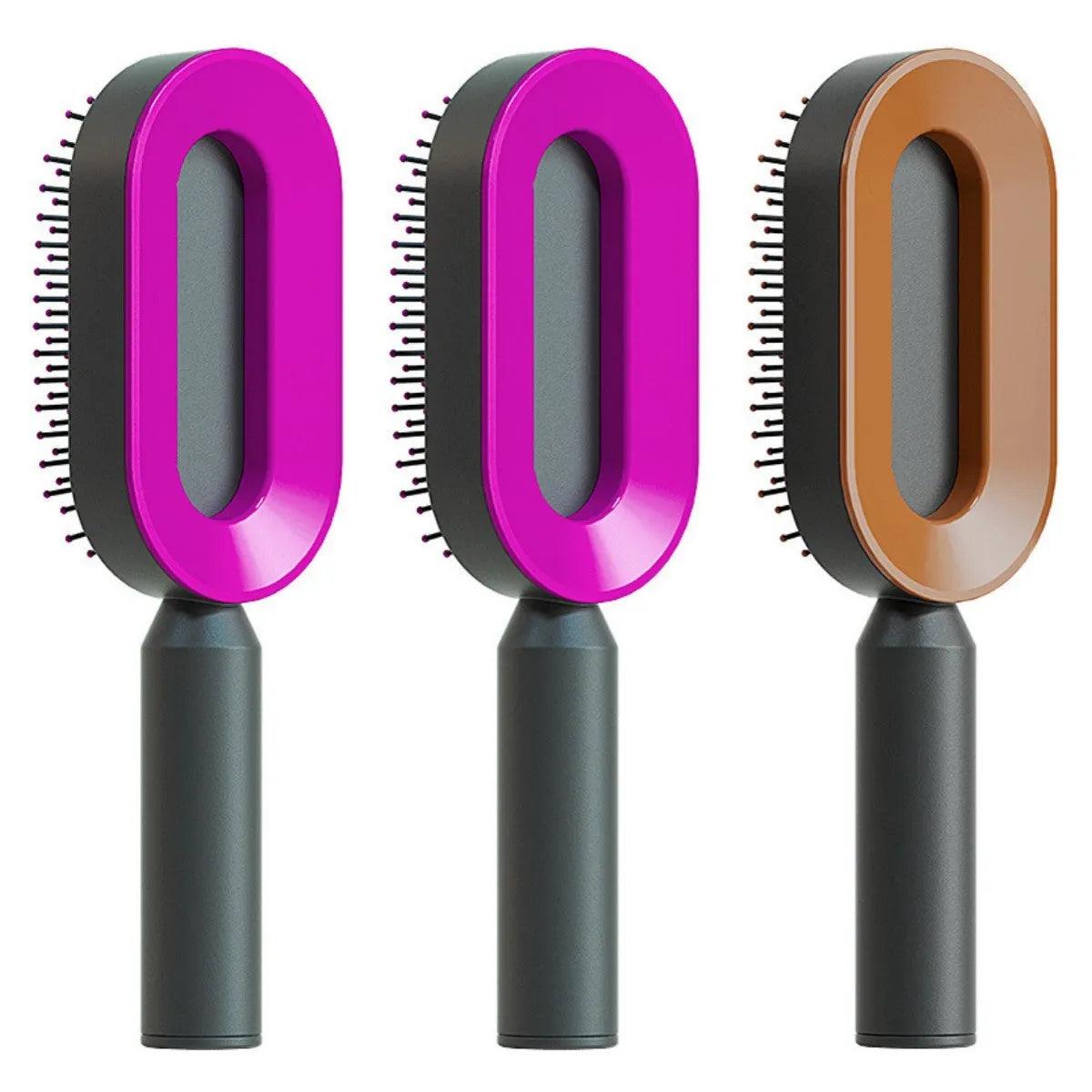 Self-cleaning air cushion hair brush in white, black gold, or black purple with ergonomic handle