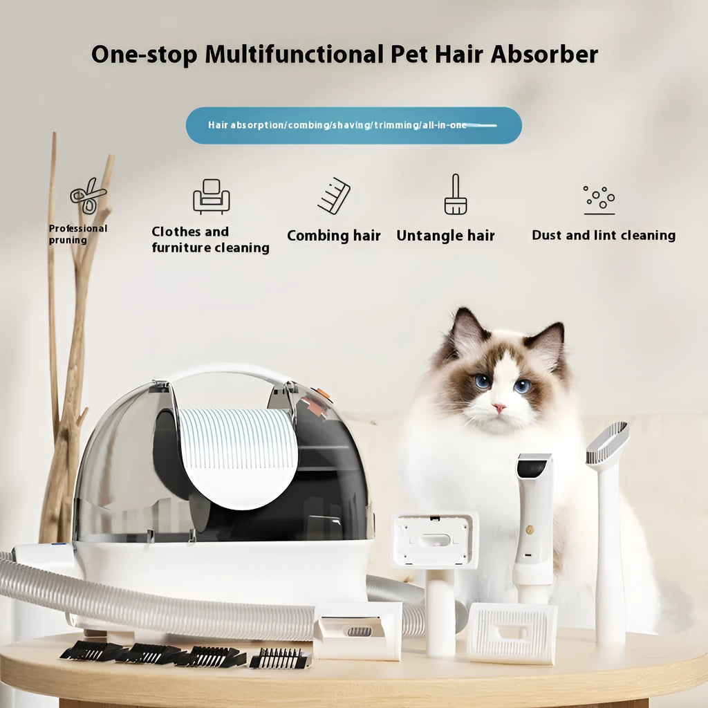 Pink white pet hair conditioner vacuum cleaner with grooming attachments on white background