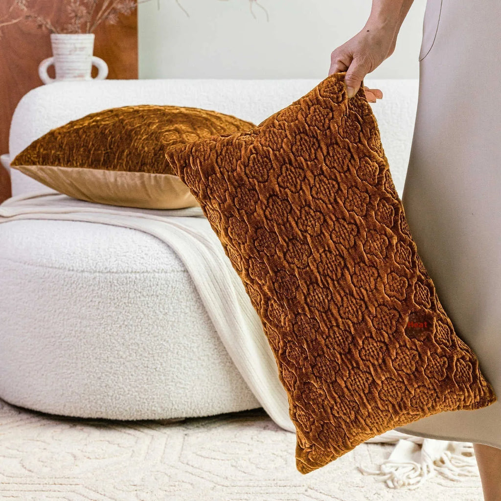 Antique brown gold quilted cushion pillow with three-dimensional quilting pattern