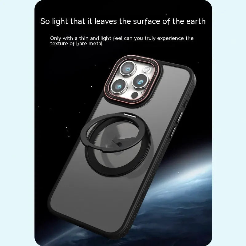Black silicone phone case with rotary invisible bracket for iPhone, showing magnetic adhesive side and frosted finish