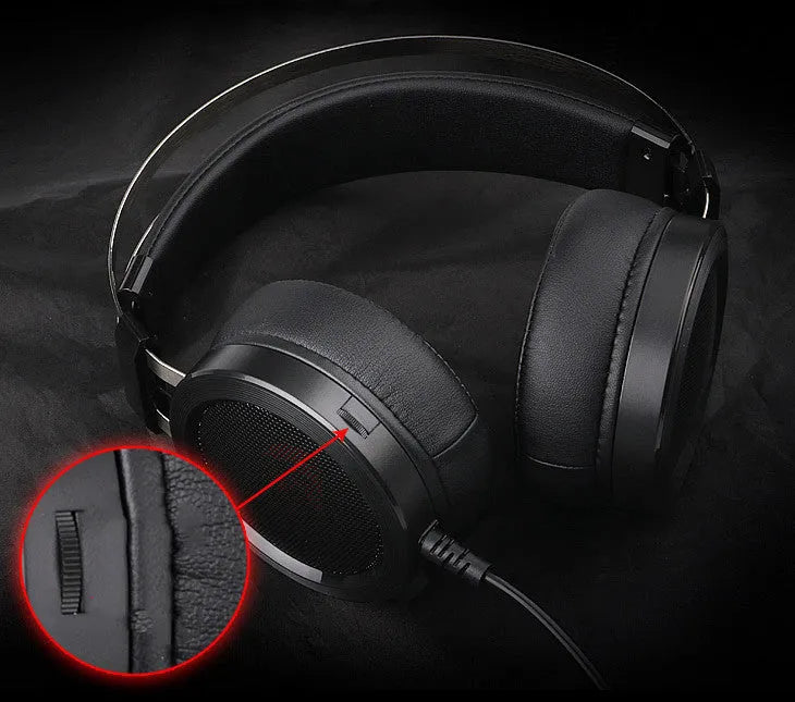 Black wired computer gaming headset with 3.5mm plug and long cable.