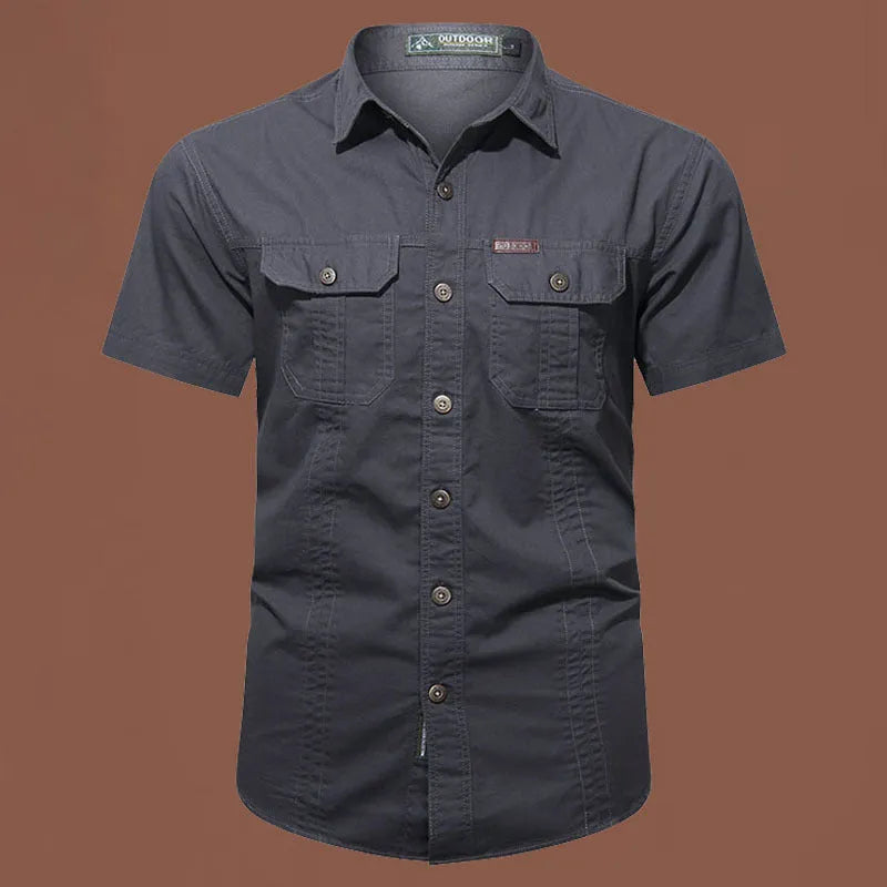 Men's short sleeve cotton work shirt in a loose cardigan style, shown in army green colour.