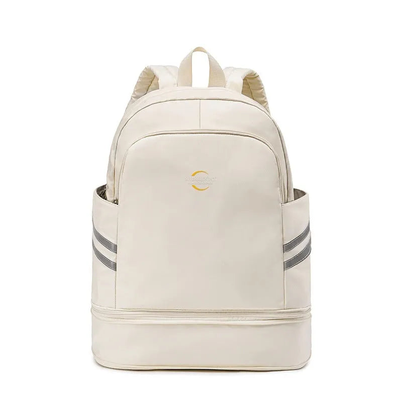 Large unisex solid colour backpack with dry wet separation compartments, shown in beige