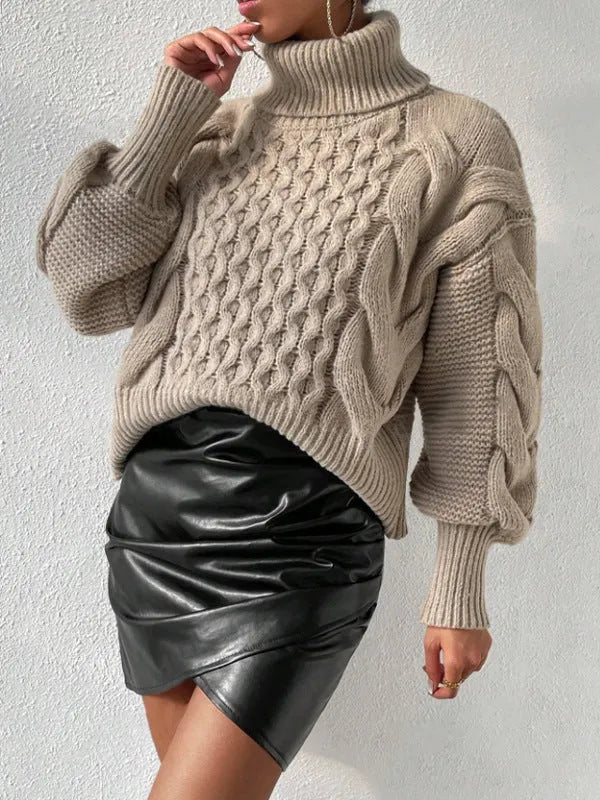 Twist thread loose sweater for women in white or camel, long sleeve polyester pullover, sizes S-XL