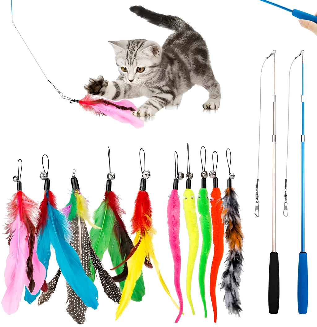 Adjustable cat teasing pole with feather attachment heads for interactive play