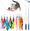 Adjustable cat teasing pole with feather attachment heads for interactive play
