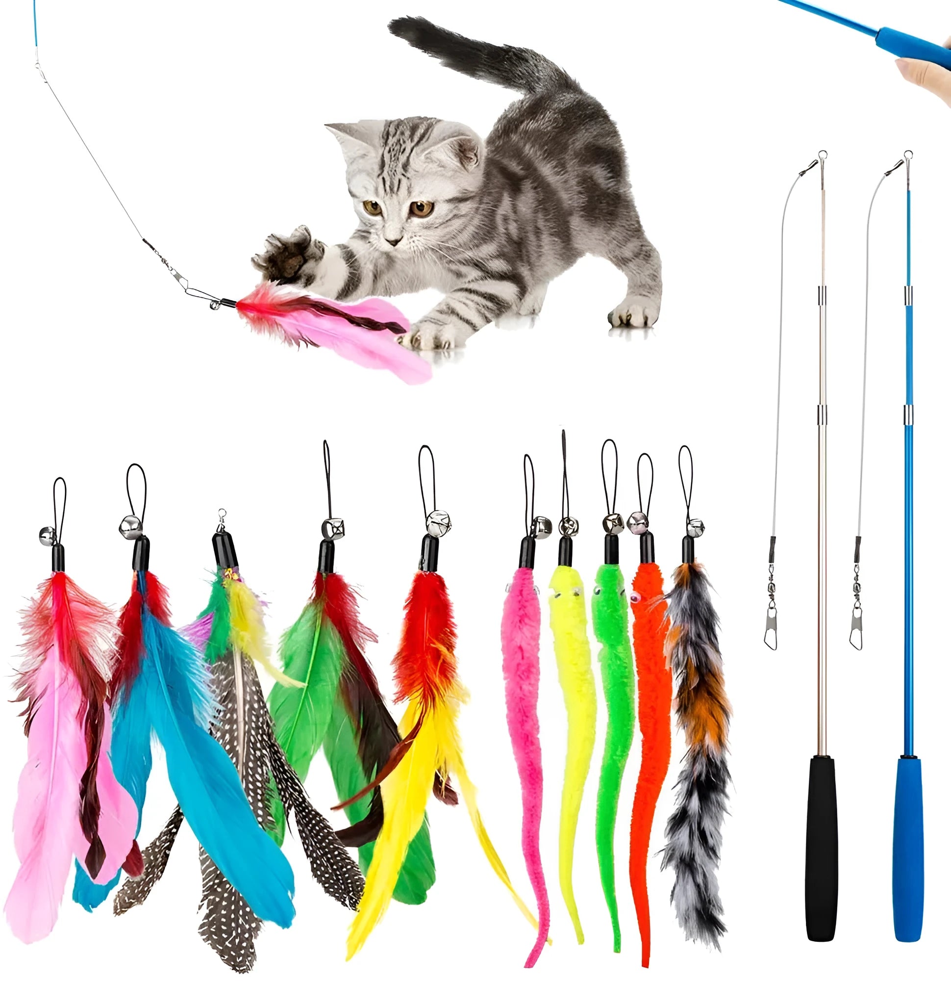 Adjustable cat teasing pole with feather attachment heads for interactive play