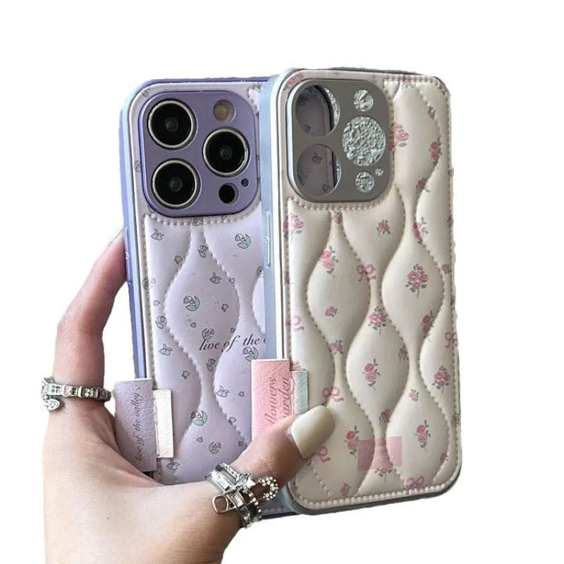 Creative down jacket small floral embossed leather phone case for iPhone with white background pattern