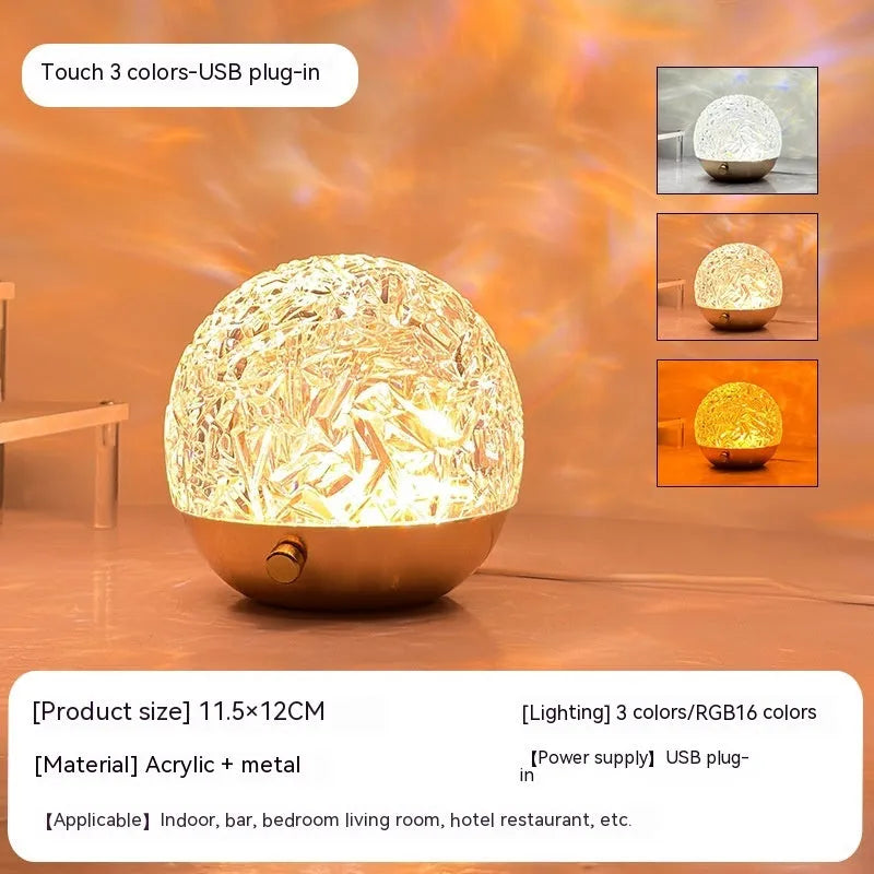 Water ripple projector night light with touch and remote control, acrylic metal USB mood lamp in spherical style
