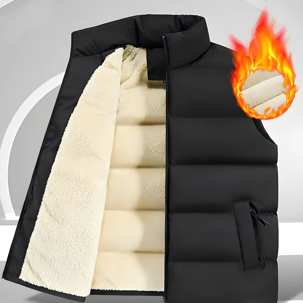 Men's striped lambswool vest in black, dark blue, or red with polyester fibre construction for winter warmth
