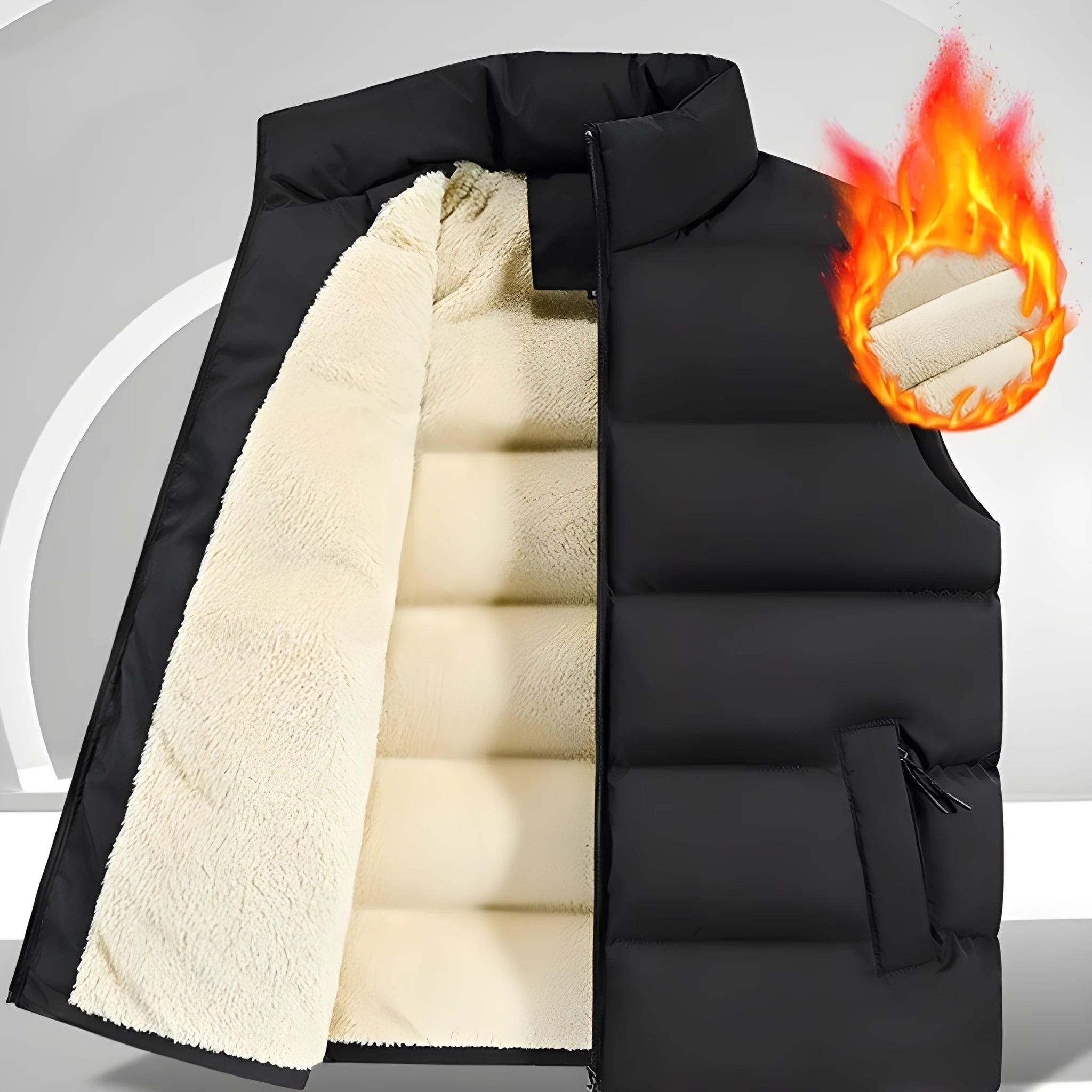 Men's striped lambswool vest in black, dark blue, or red with polyester fibre construction for winter warmth