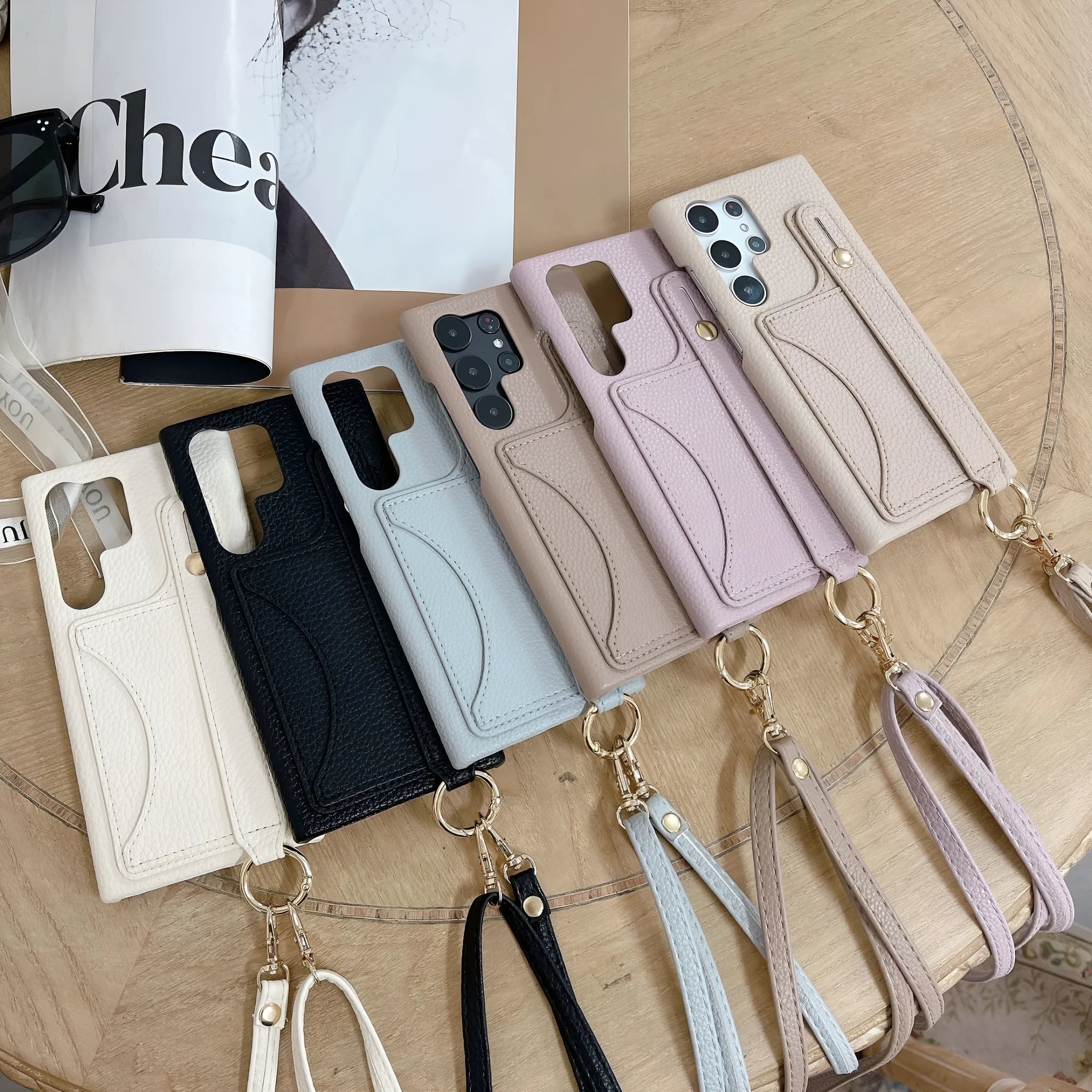 Card holder phone case with frosted finish and mirror detail in light khaki colour