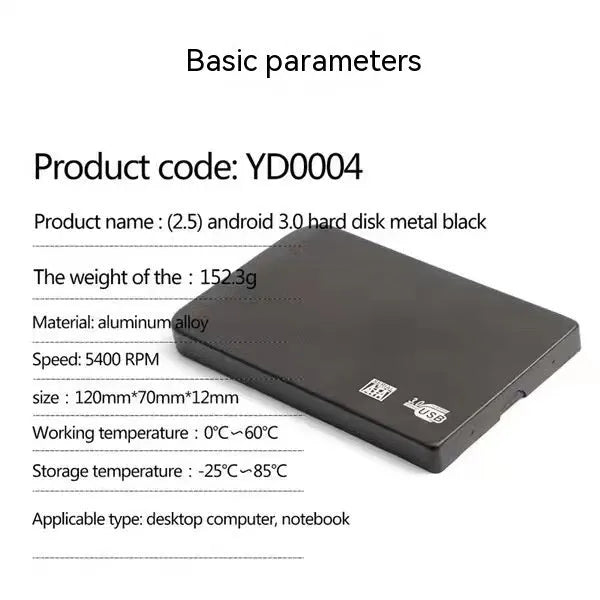 Silver portable solid state drive with USB cable and cover on a desk.