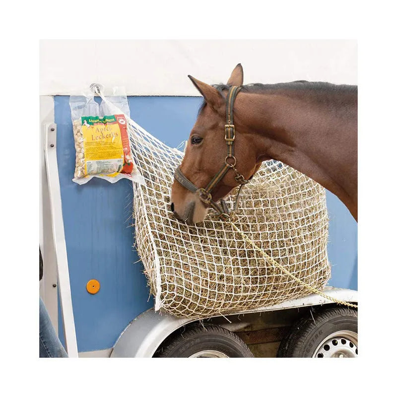 Woven polyethylene rope horse feeding bag with grid design in black colour